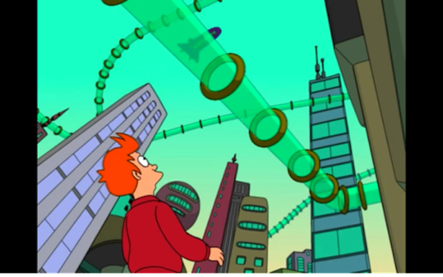 Philip J. Fry observing the new technology in the year 3000. Still from Futurama, “Space Pilot 3000” (Season 1, Episode 1, 1999)