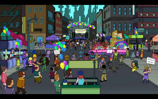Bender and Amy’s Robosexual Pride Parade. Still from Futurama, “Proposition Infinity” (Season 7, Episode 4, 2010)