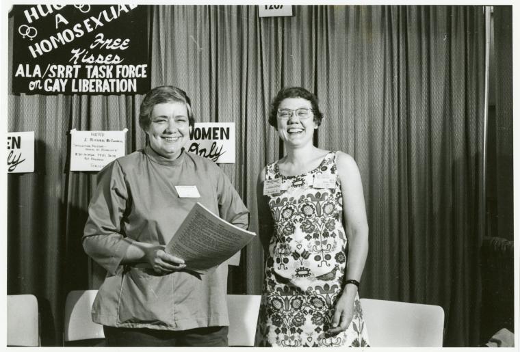 Isabel Miller and Barbara Gittings at the "Hug a Homosexual" booth