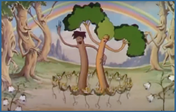 The male tree holds the female tree after proposing. The forest characters watch as the two dance in celebration.