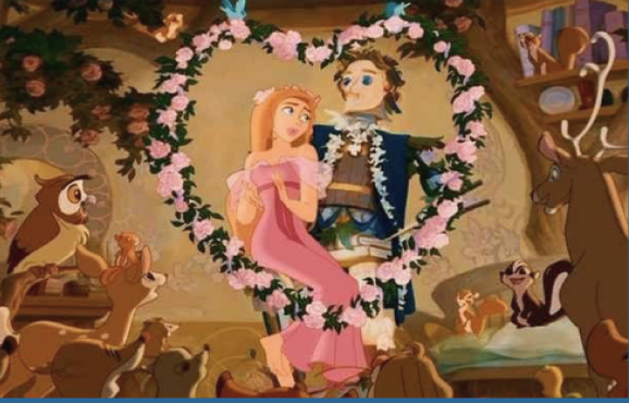 Alt Text: Giselle creates a figure of her prince charming with her animal friends. The animals watch as she sings to the figure.