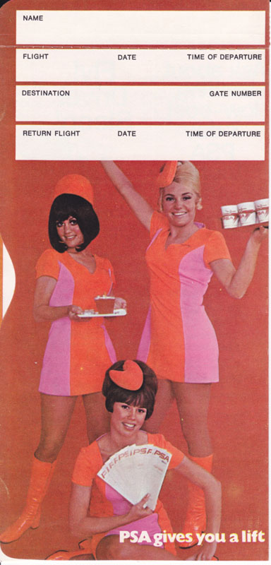 A 1971 Pacfic Southwest Airlines ticket jacket features three stewardesses in short pink and orange dresses to promote that their flight attendants will give you a lift.