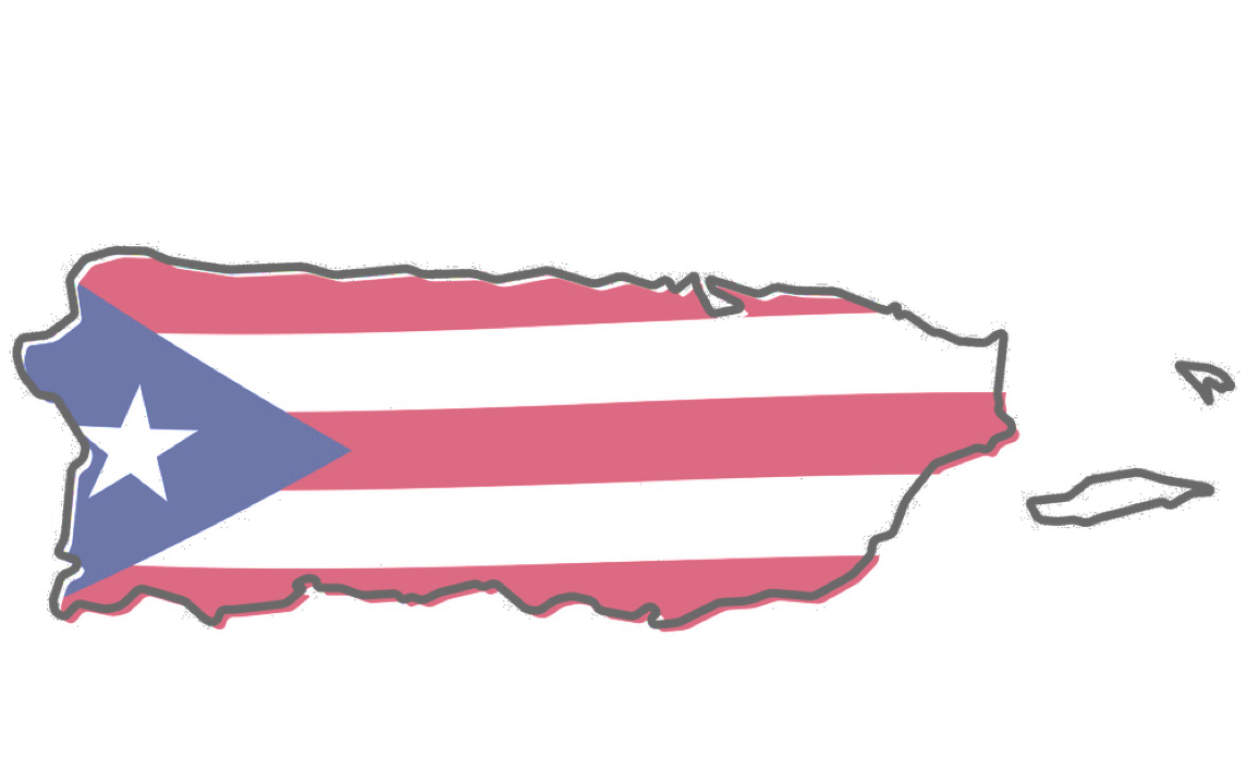 Simplified map of Puerto Rico's outline. Inside the outline is the Puerto Rican flag