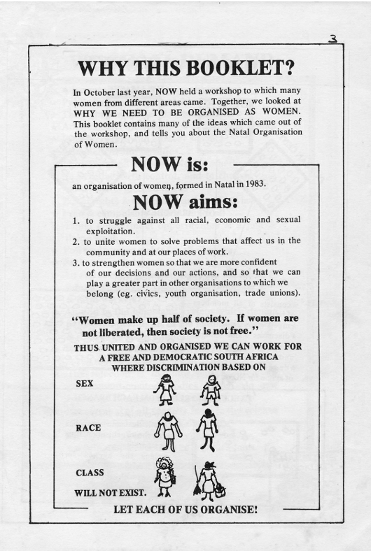 Pages from a flyer produced by NOW advertising their goals
