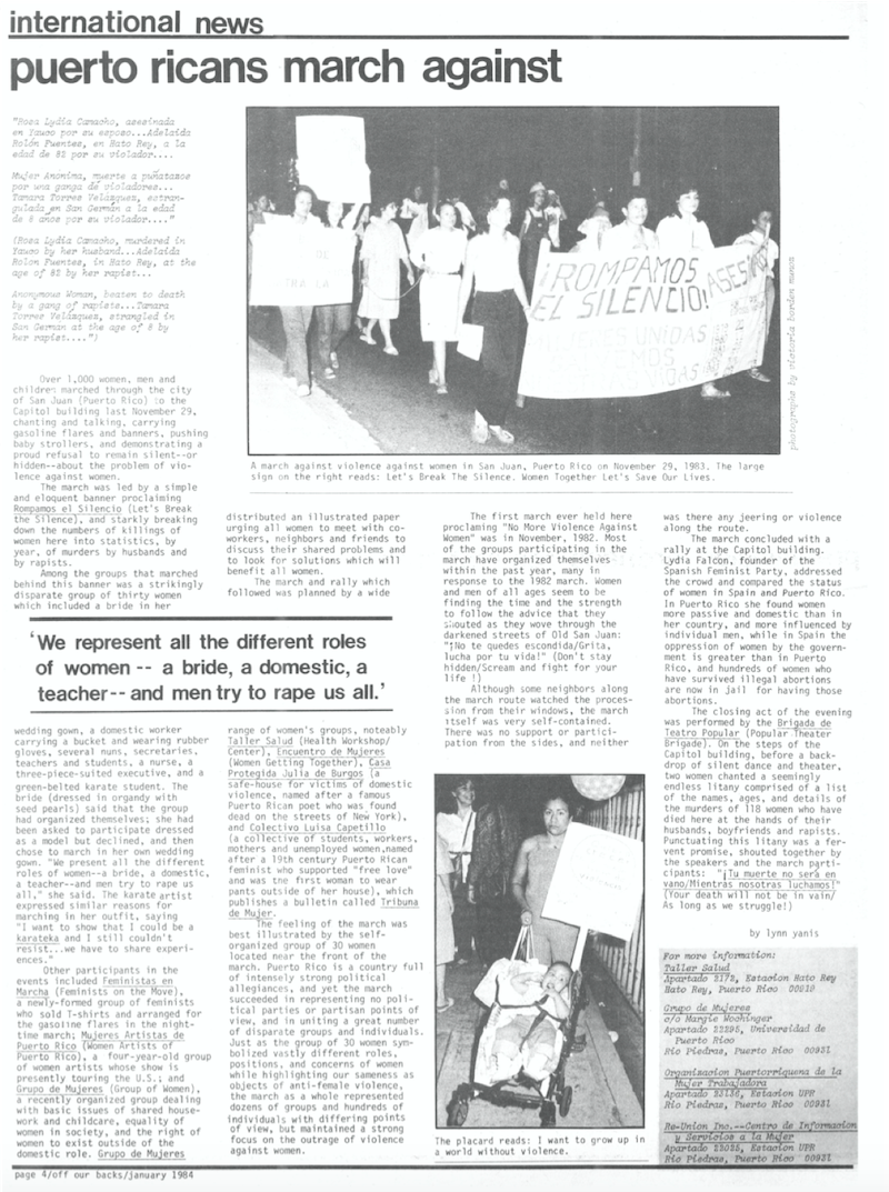 Alt Text: Newspaper article covering a march against violence in 1983 in Puerto Rico.