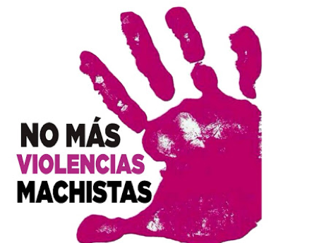 Alt Text: Pink hand print representing the domestic violence movement. The image contains text that reads: "No more misogynist violence".