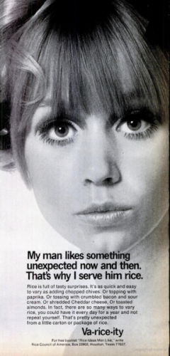 A black-and-white ad published in 1970, featuring a photo of a young woman with teased dirty blonde hair, bangs. Her heavy eye makeup draws the viewer to her large, expressive eyes. She stares straight towards the camera.