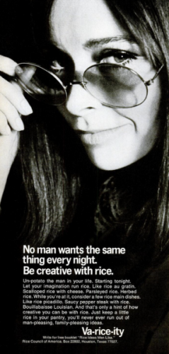 A black-and-white ad published in 1970, featuring a photo of a dark-haired woman peeking over her sunglasses. She’s winking at the camera.