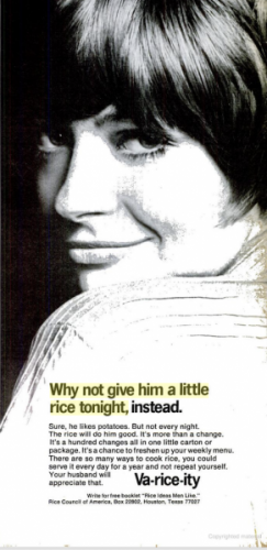 An black-and-white ad published in 1969, featuring a photo of a pale young woman with a fringe of dark hair cut short and big eyes. She is wearing white. The woman looks behind her and her lips are pursed, as if she’s glancing at someone seductively.